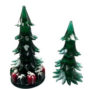 Vtg hand‎ blown art glass Christmas tree figurine green w/red and black presents